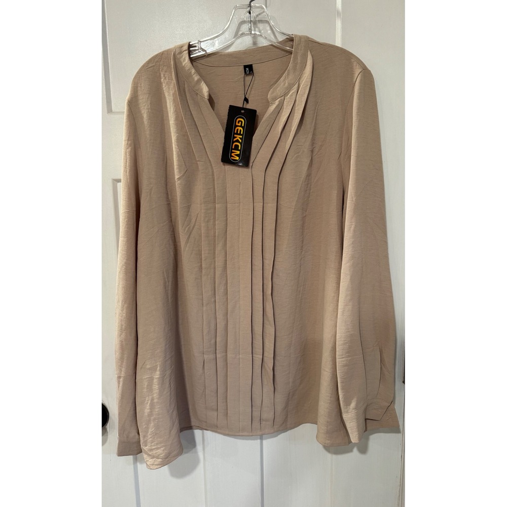 GEKCM Women Apricot Pleated Front Long Sleeve Blouse XL OMX25A0183 NEW